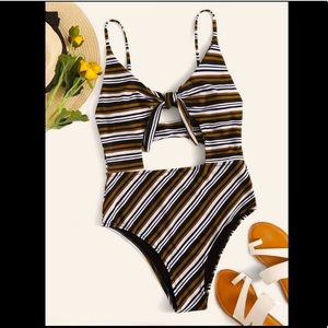 Striped Tie Front Cut-out One Piece Swimsuit